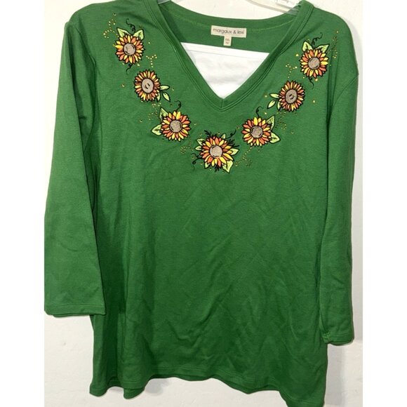 Margaux & Lexi Green Knit Pullover Blouse with Embroidered Sunflowers Size XXL - Picture 1 of 4